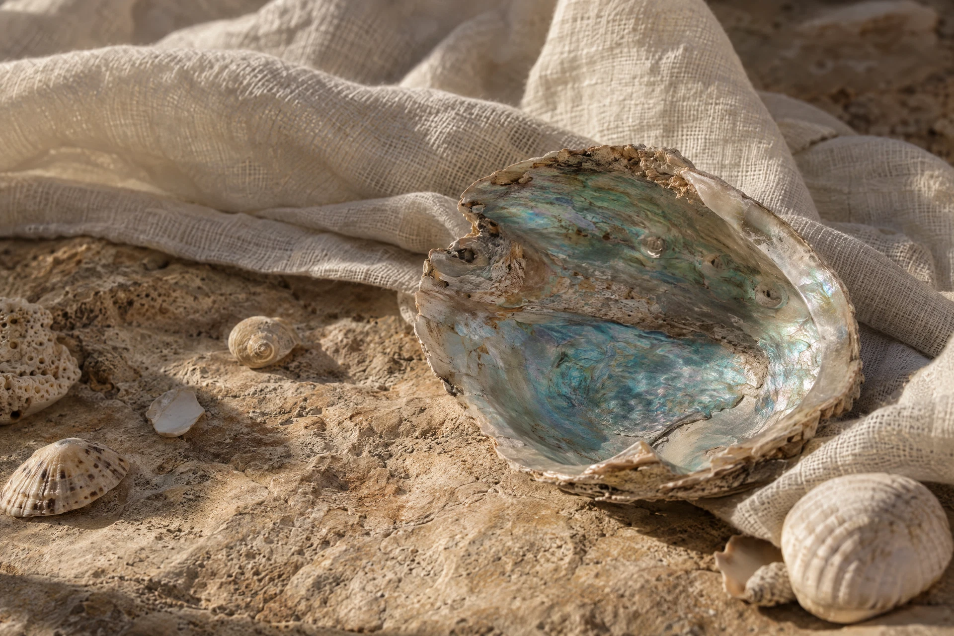 Iridescent abalone shell on natural stone and soft linen