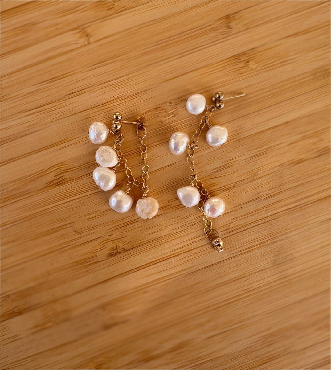 Another view of Pearl Huggie Chain Hoop Earrings