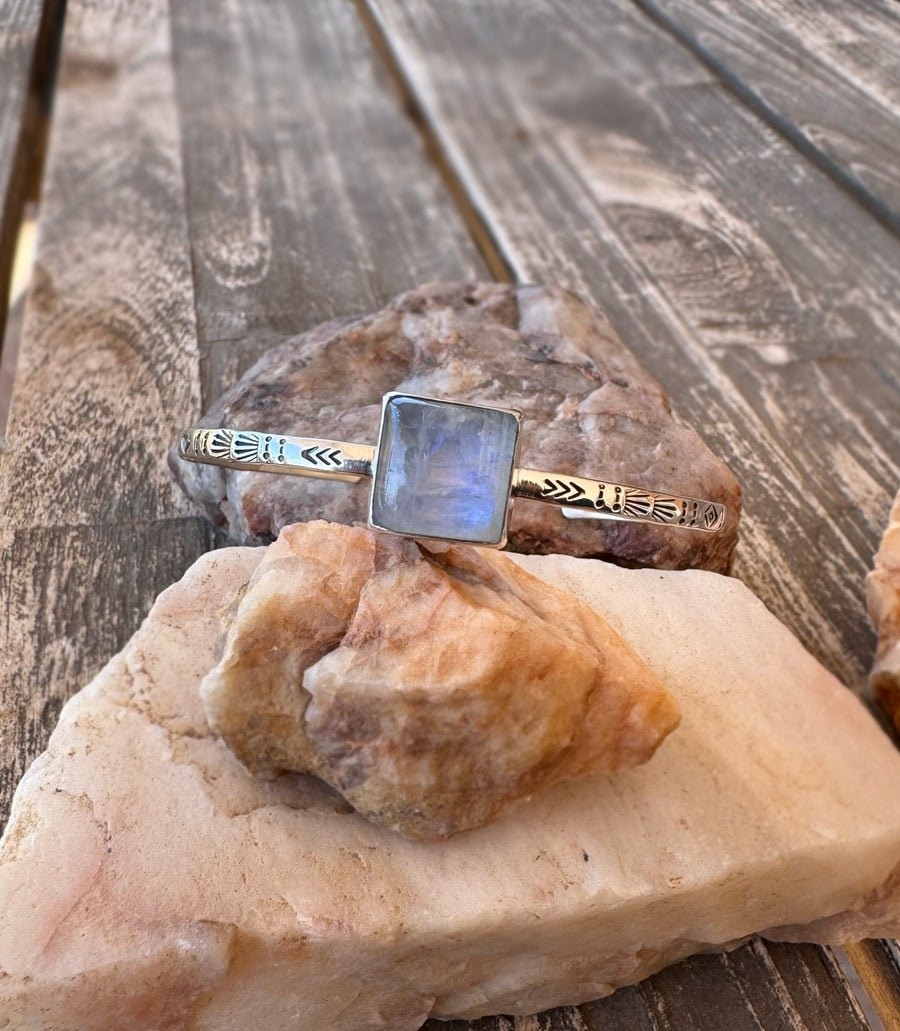 Hand Stamped Rainbow Moonstone Cuff