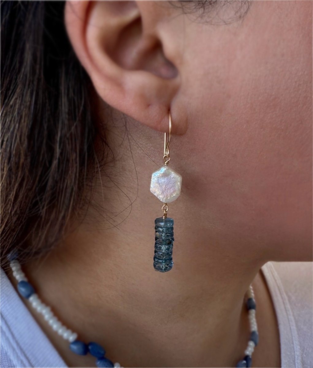 Another view of Pearl & Kyanite Dangle Earrings - Design 01