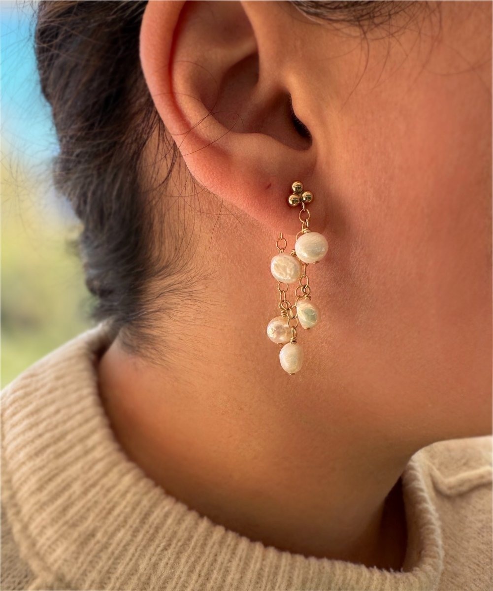 Pearl Huggie Chain Hoop Earrings