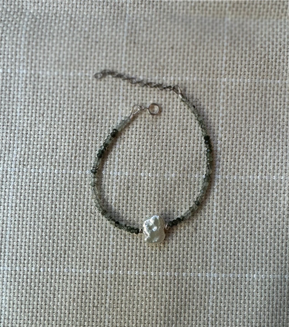 Another view of Green Rutilated Quartz & Pearl Bracelet - Design 02