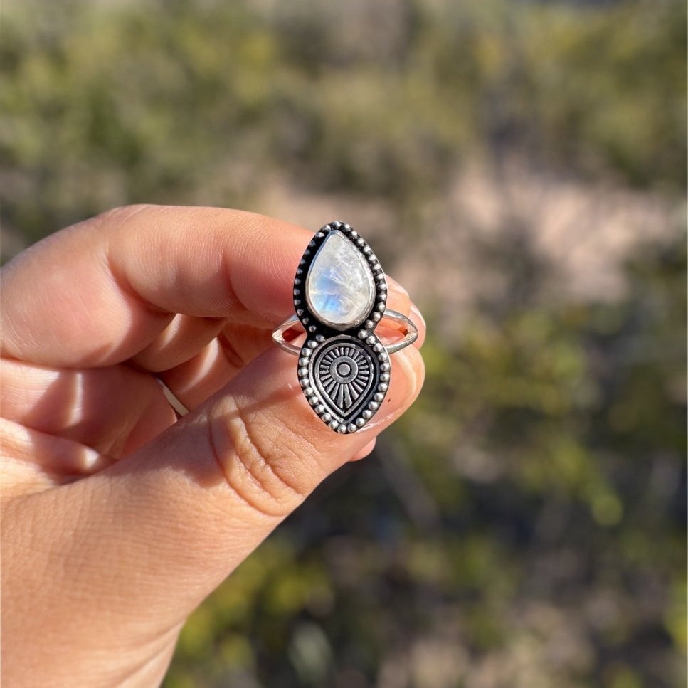 Rainbow Moonstone Stamped Ring