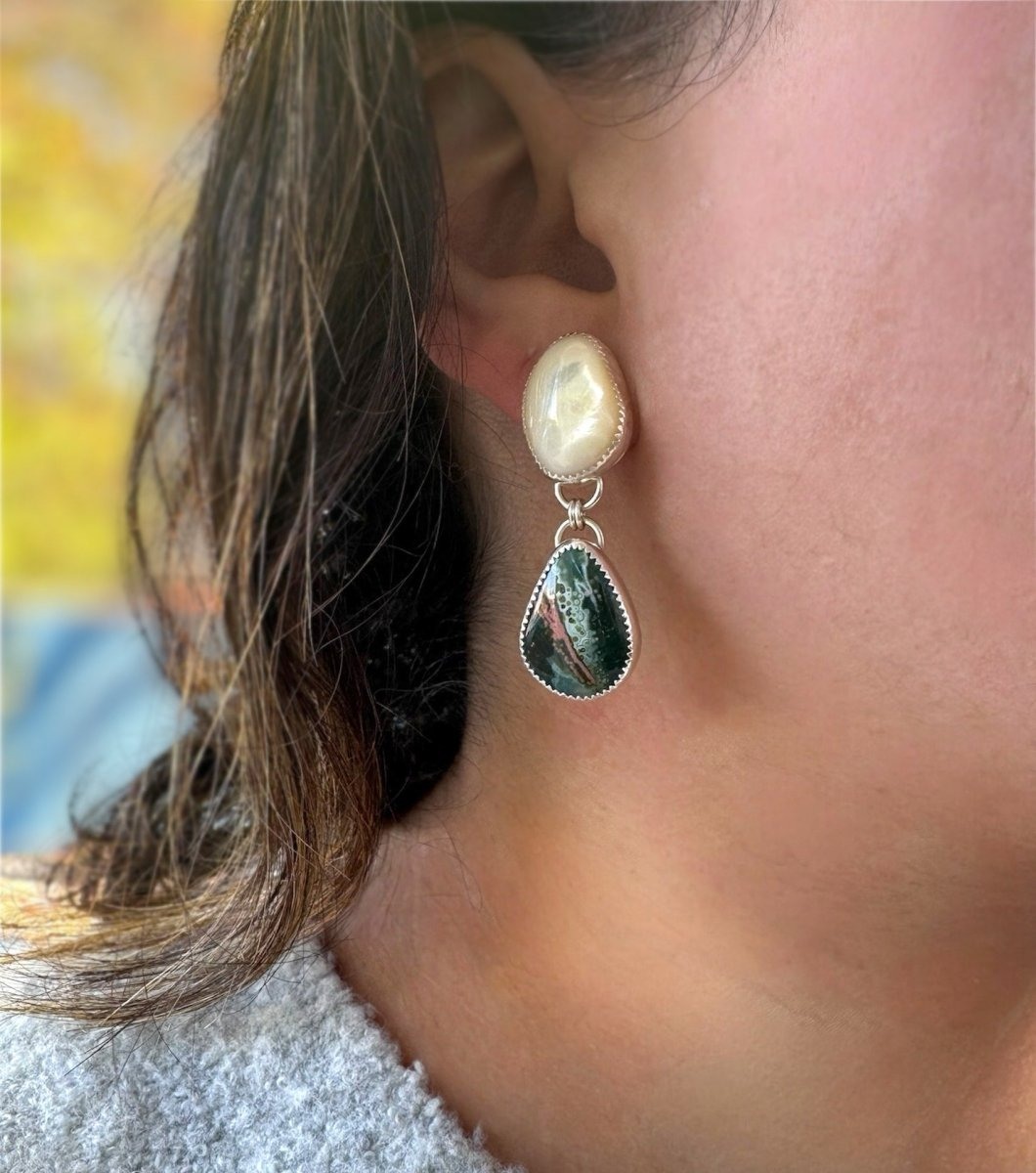 Another view of Ocean Jasper & Mother of Pearl Dangle Earrings