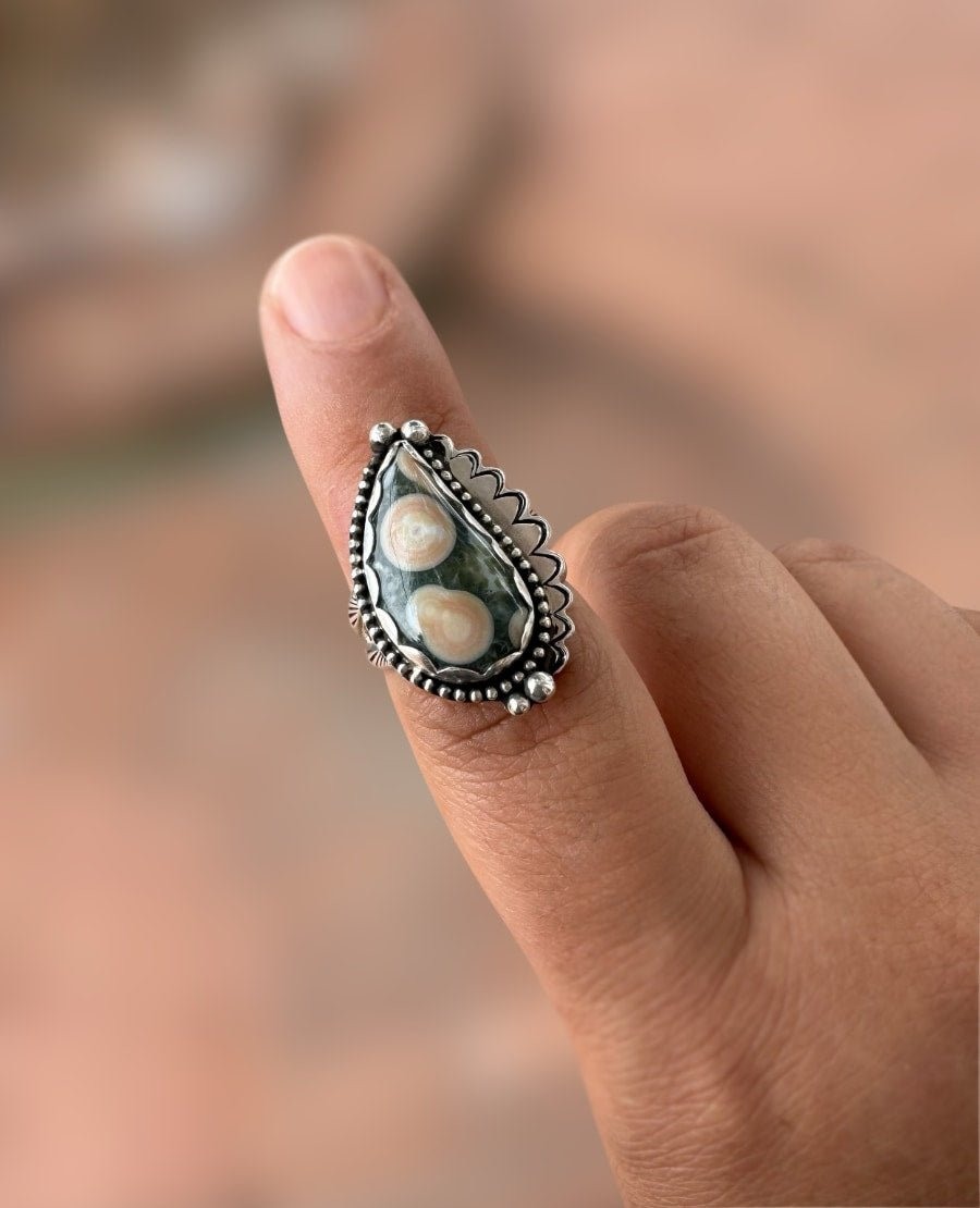 Another view of Green Ocean Jasper Swirl Ring