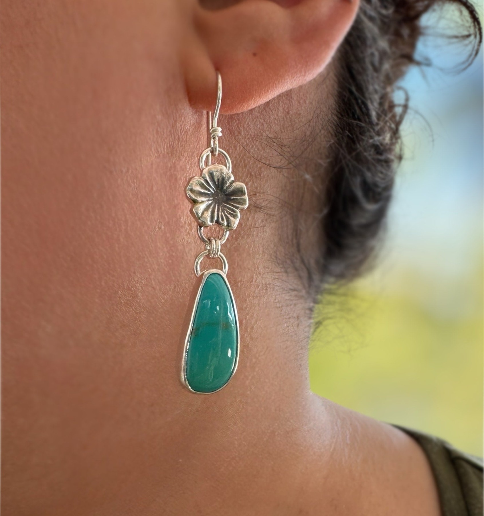 Another view of Turquoise Floral Dangle Earrings