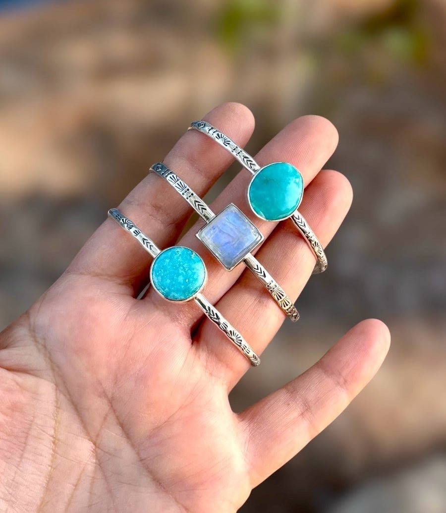 Another view of Hand Stamped Rainbow Moonstone Cuff