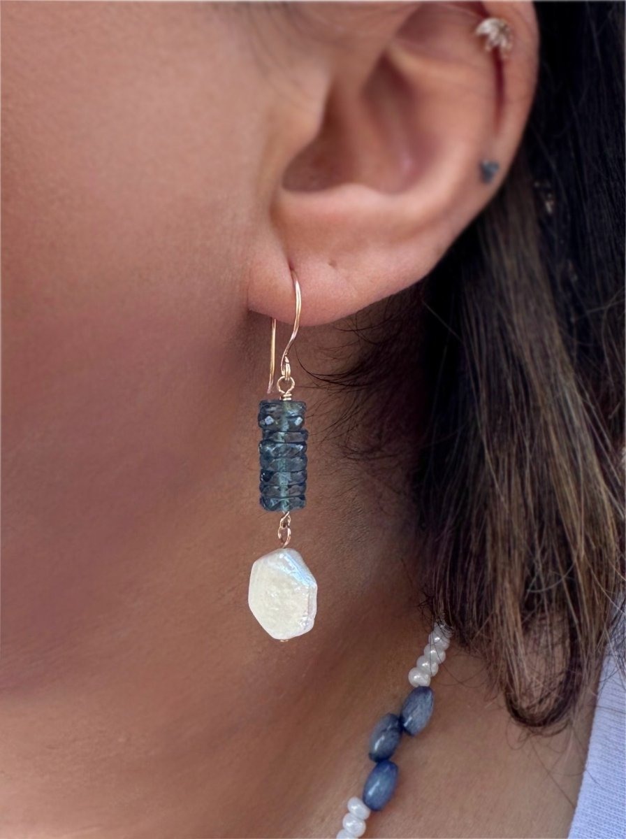 Another view of Pearl & Kyanite Dangle Earrings - Design 02