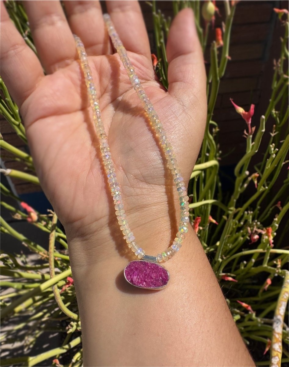 Another view of Cobalto Calcite Druzy & Ethiopian Opal Beaded Necklace