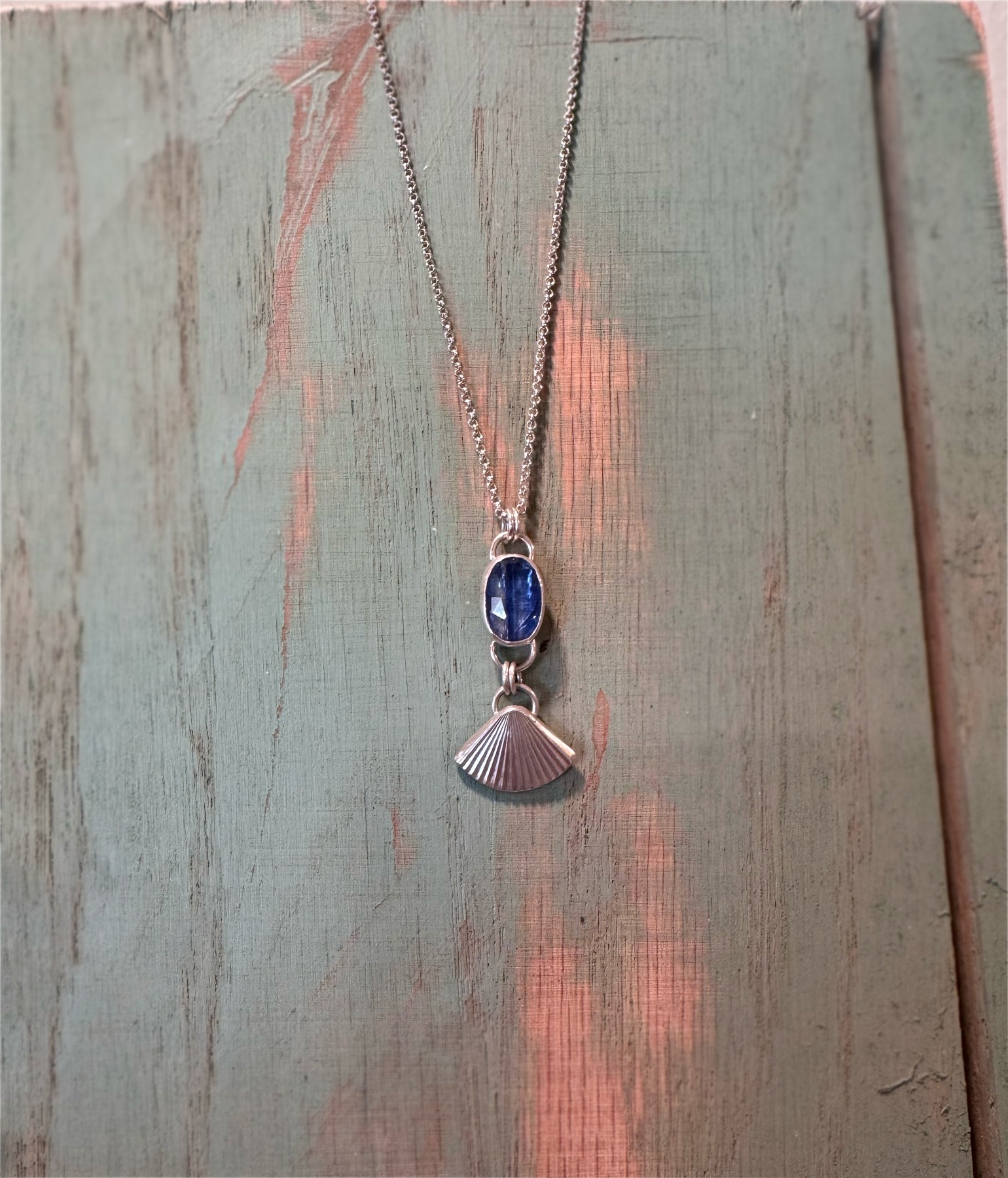Another view of Kyanite & Shell Charm Necklace