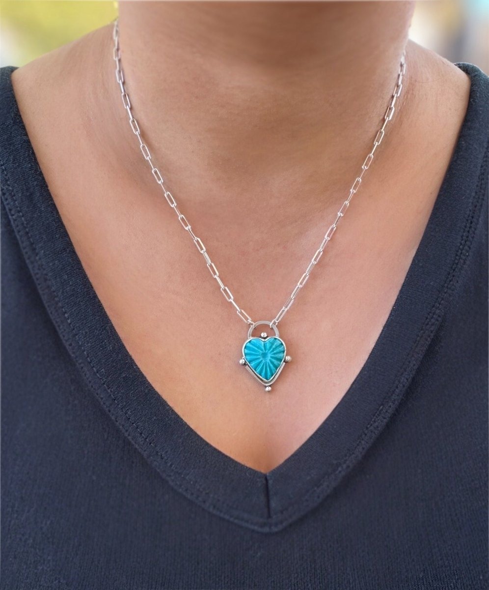 Another view of Turquoise Carved Heart Necklace