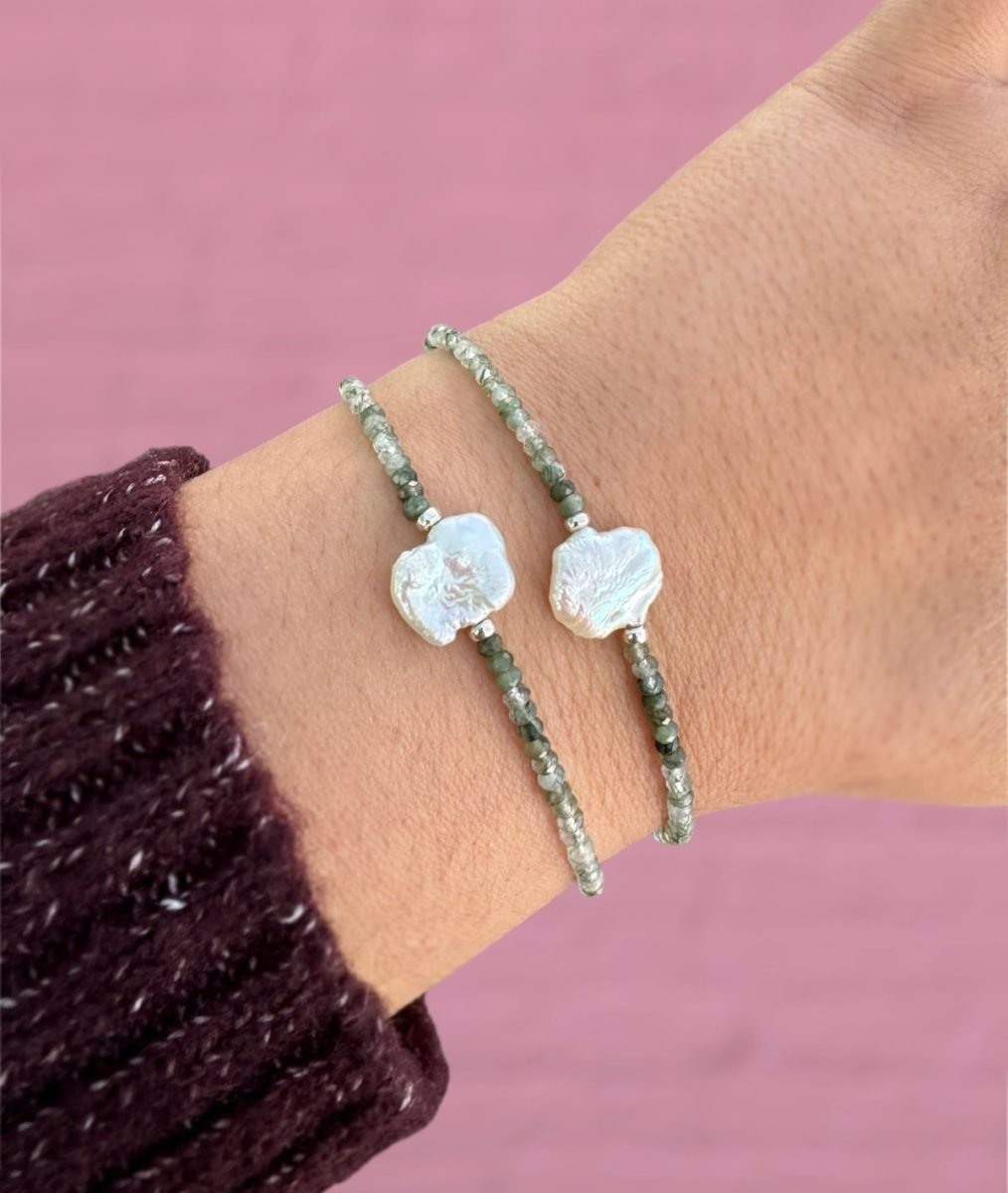 Another view of Green Rutilated Quartz & Pearl Bracelet - Design 01