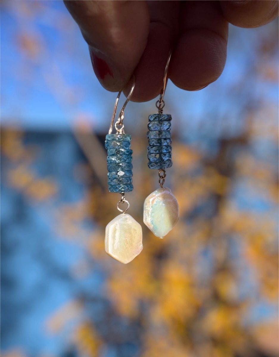 Pearl & Kyanite Dangle Earrings - Design 02