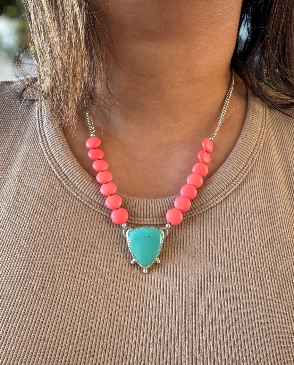 Another view of Turquoise & Pink Magnesite Beaded Necklace