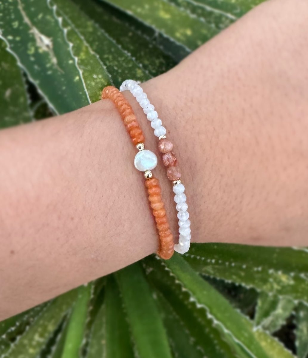 Another view of Moonstone & Sunstone Beaded Bracelet