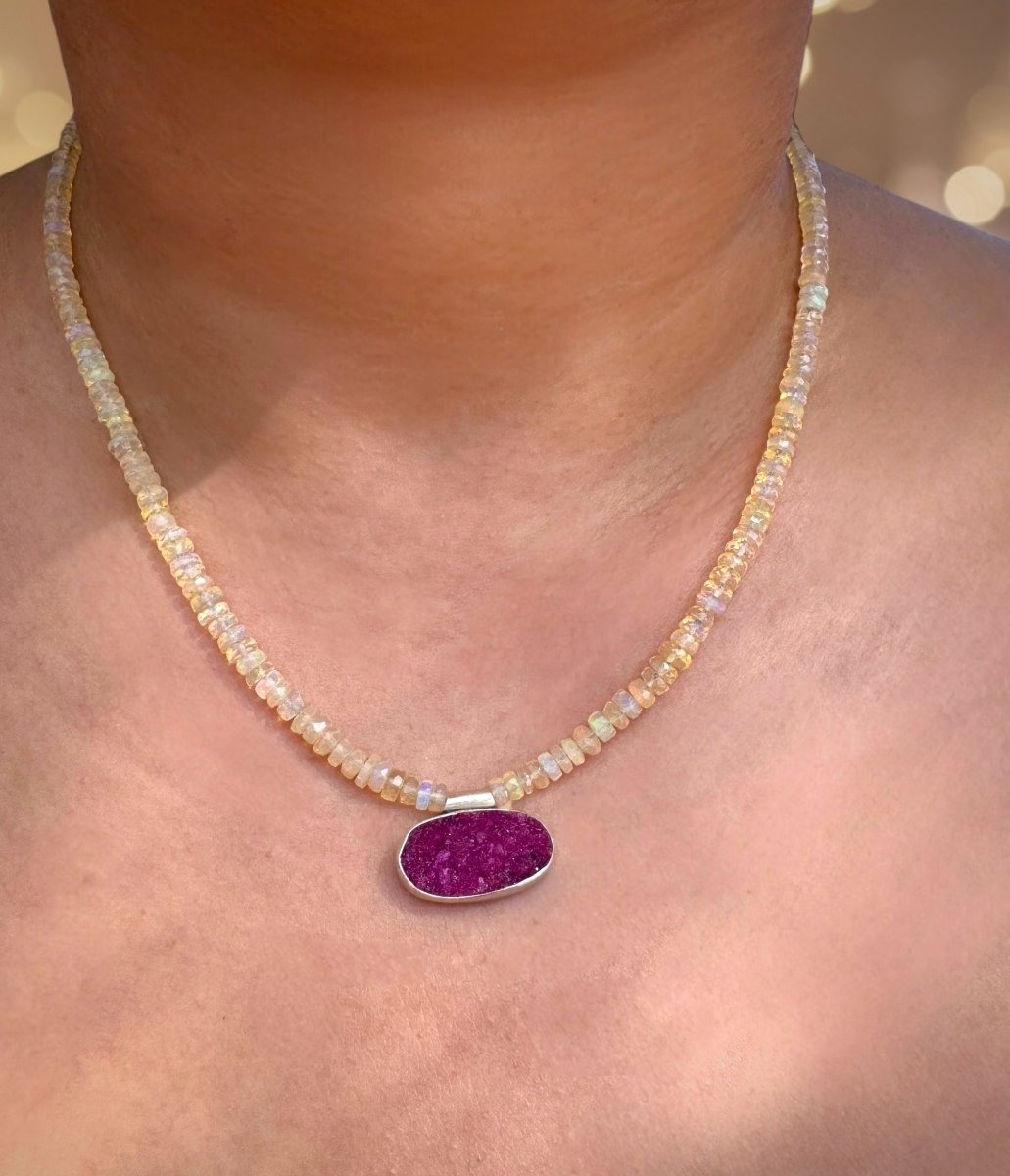Cobalto Calcite Druzy & Ethiopian Opal Beaded Necklace